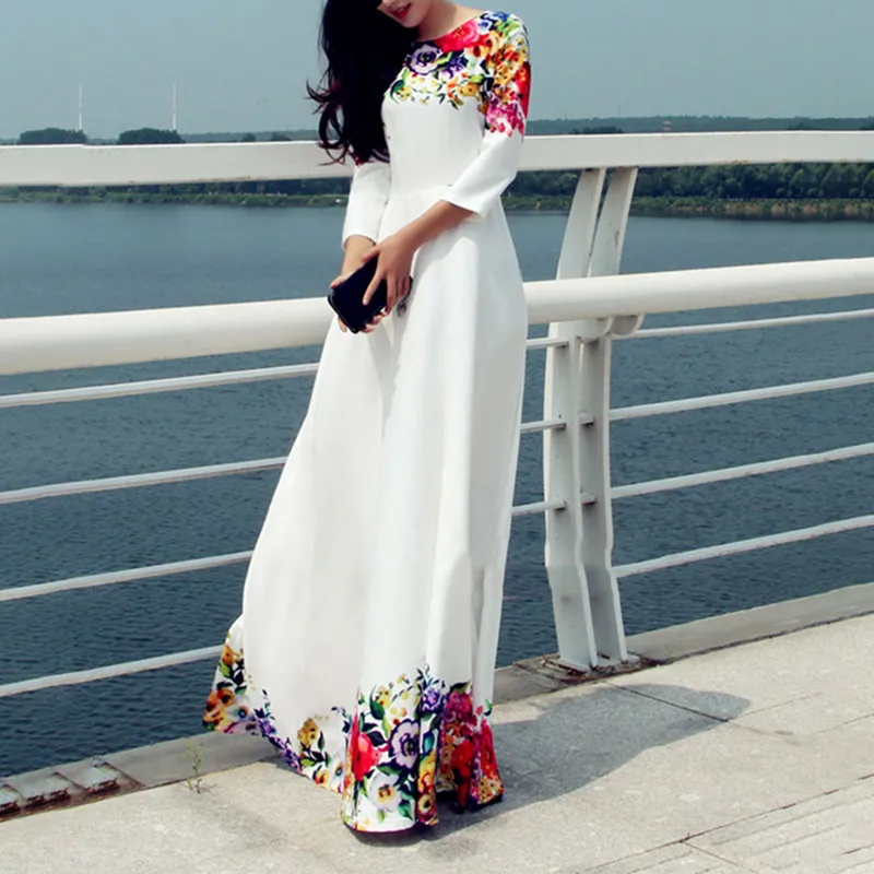 

High Waist Printed Floral Women A Line Dresses 2019 Summer Three Quarter Sleeve O Neck Floor Length Elegant Lady Chic Maxi Dress