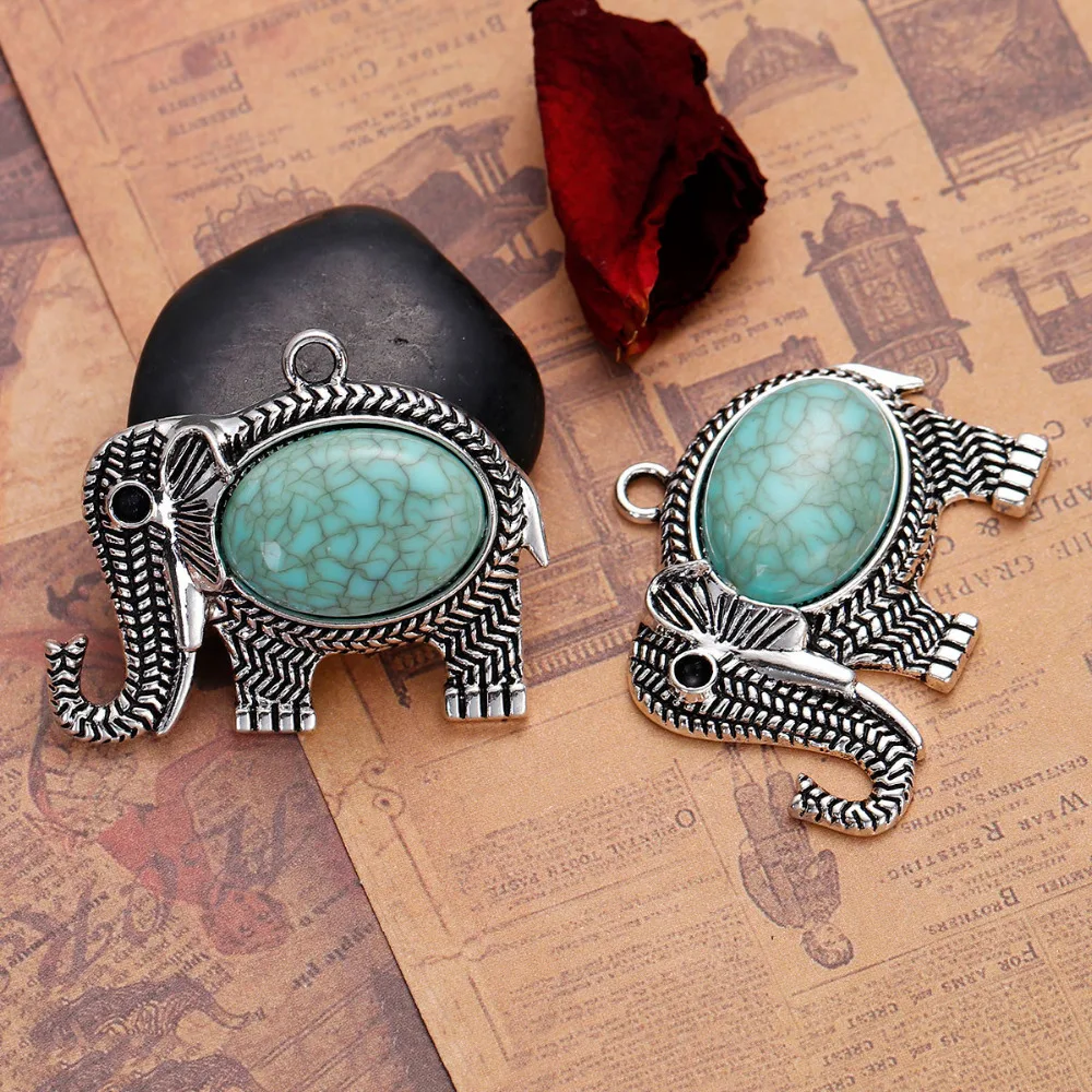 

DoreenBeads Zinc Based Alloy Antique Silver Pendants Elephant Green Cabochon 48x38mm, 2PC(Can Hold ss16 Pointed Back Rhinestone)