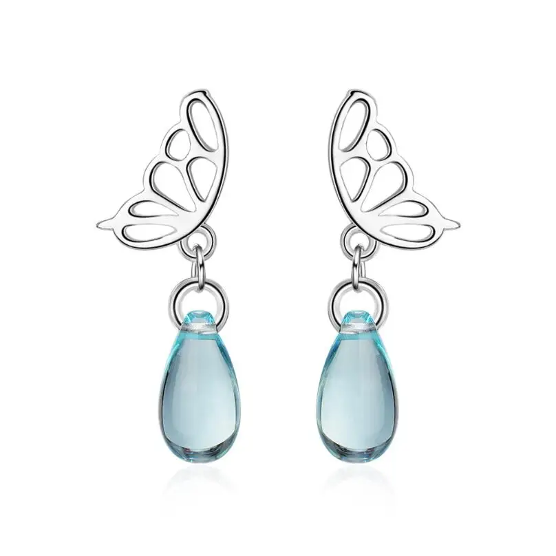 

New Butterfly Wing Water Drop Blue Crystal Dangle Earrings For Women Trend 925 Sterling Silver Jewelry Party Gift Brincos SAE77