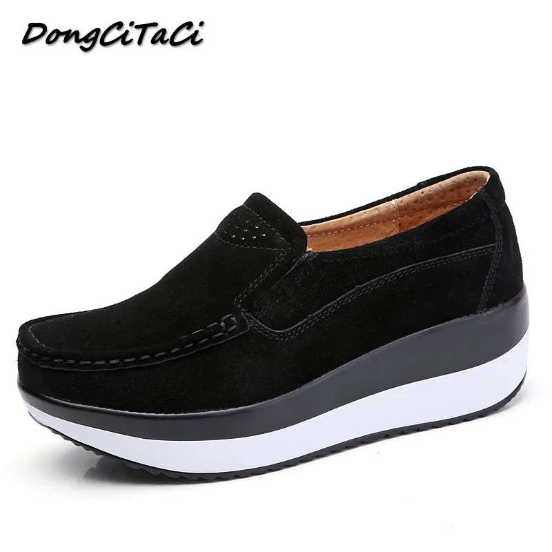 DongCiTaCi Women Genuine Leather Flat Platforms Shoes Woman Round Toes Casual Slip on Loafers