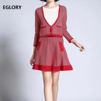 

Women's Set 2019 Spring High Quality Sweater Suits Ladies Vintage Pattern Knitted Pullovers+Large Swing Skirt Suit & Set 2 Piece