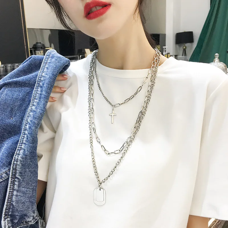 

Punk Hiphop Cross Necklace for Girls Silver Metal Three-layers Cool Rock Party Neck Accessories Detachable Necklaces 3C2016