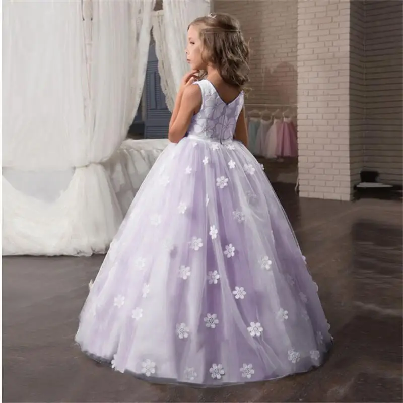 Elegent Flower Long Prom Gowns Teenagers Dresses For Girl Children Party Clothing Kids Evening Formal Dress Bridesmaid Wedding - Color: Purple Dress