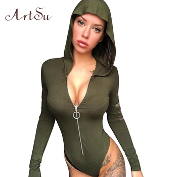 

ArtSu Women Sexy Bodysuit Hoodie Deep-V Zipper Female Bodysuits Bodycon Clubwear Playsuit Long Sleeve New Fashion ASJU40063