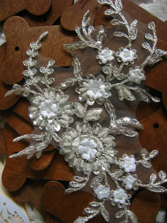 Beaded Bridal Headpiece Flower Applique Bridal lace Applique dzdh009 1PC Lace Craft Silver Bridal Applique Alencon Lace Applique
