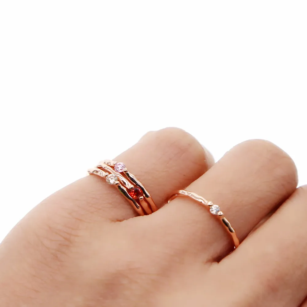 

hot 925 sterling silver rose gold color simple single women ring red pink white cz Hammered band minimal delicate lovely ring