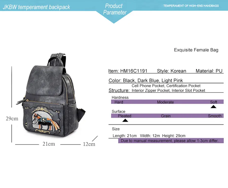 JKBW Women Backpack Fashion PU Leather Female Bags Teenager Girls School Bags Leisure Travel Bag with Cartoon Horse Decoration (2)