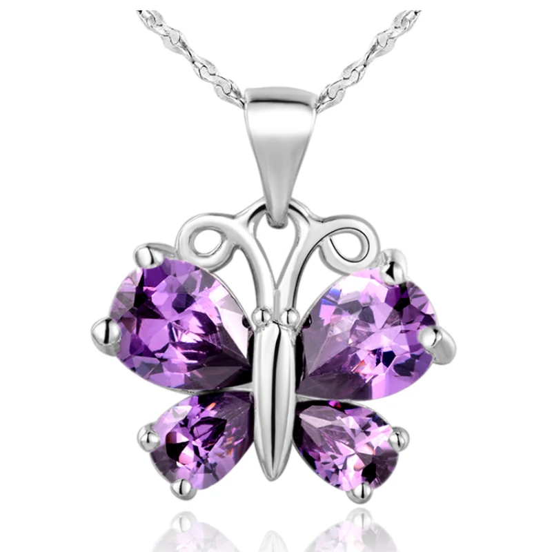Unique Purple Vogue White Gem Zircon 925 Sterling Silver Butterfly