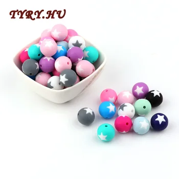 

10PC 15mm Round Beads with Star Inlays Food Grade Silicone Beads BPA Free for DIY Baby Teething Necklace Pendant Gifts