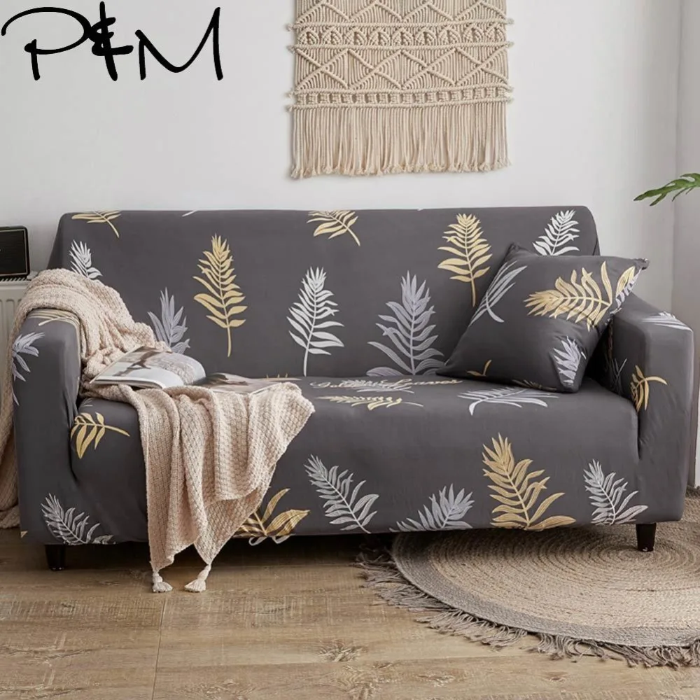 

P&M Print Leaves print Stretch Sectional Sofa Covers fabric Single Two Three Four Seats Soft Slipcovers Elastic Couch Cover