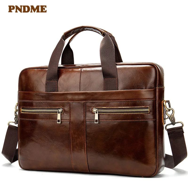 

PNDME vintage genuine leather men's briefcase casual simple business high quality soft cowhide laptop bag office work bag