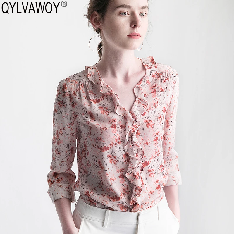 Women's Shirt Spring 100% Silk Blouse Women Blouses 2019 Vintage Korean Floral Blouse Women Tops Shirts Camisas Mujer J18JA277
