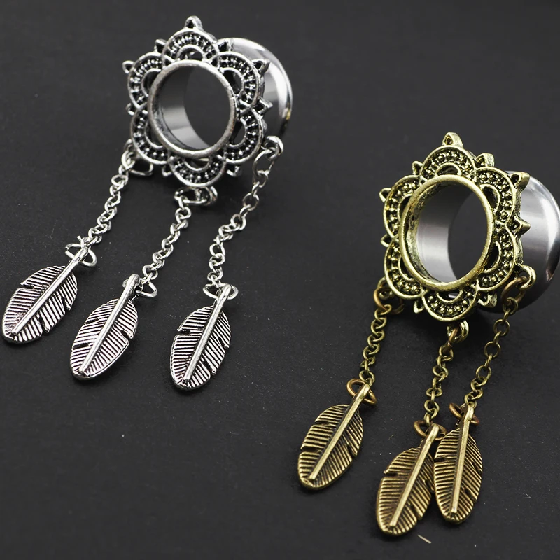 JUNLOWPY Piercing Tunnel Stainless Steel Gold Silver Feather Ear Plug Tunnel Filigree Tribal Dreamcatcher Pandent Body Jewelry