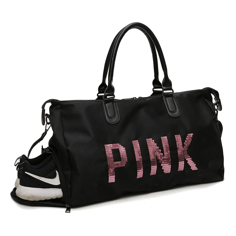 

Large Capacity Women Travel Top-Handle Letter VS Print Handbag Bag Fashion Sequins Brand Pink Ladies Shoulder Tote Bag Sac 2019