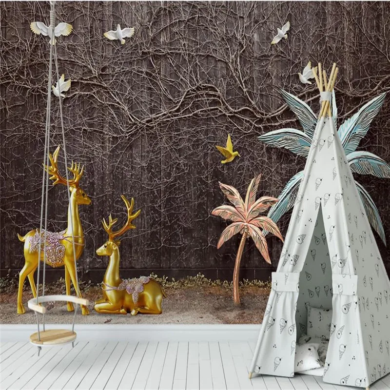 Custom wallpaper modern 3D three-dimensional golden elk landscape background wall painting Custom wallpaper modern 3D three-dimensional golden elk landscape background wall painting