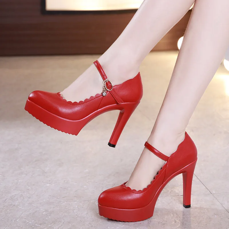 Большие размеры 32-43; туфли-лодочки на платформе и среднем квадратном каблуке; женская обувь; сезон весна; коллекция года; неглубокие свадебные туфли; элегантная женская офисная обувь - Цвет: red 11cm heels