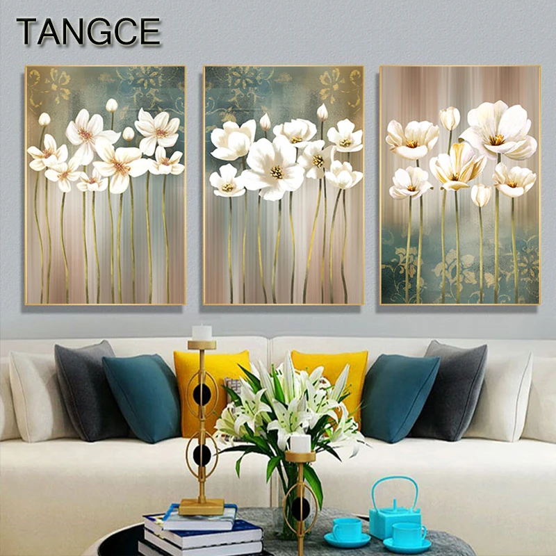 Abstract Canvas Painting Retro White Flower Poster Print Modern Wall Art Pictures for Living