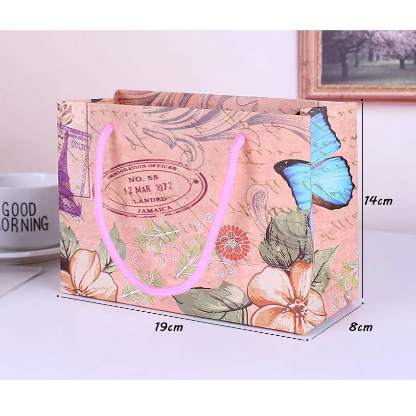 Bolsa de Papel com Alças Bolsa com Alças Lote Bonito Europeu Borboleta Flor Decoração Kraft Papel Presente 19x14x8cm 10 Pçs - 10 papel presente saco com alças 19x14x8cm