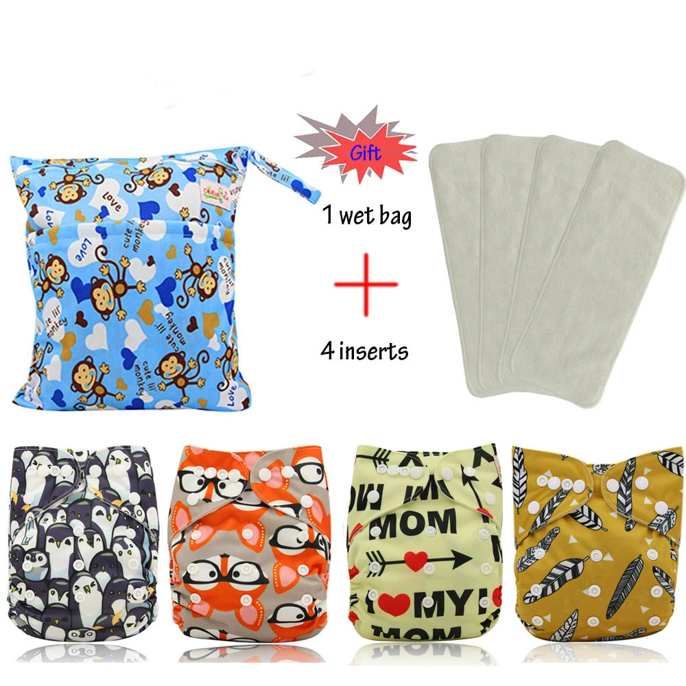 

Baby Diapers Cover Reusable Pocket Cloth Diaper 4Pcs+ 4Pcs Microfiber Insert+1pc Nappy Bags Baby Care Adjustable Nappies