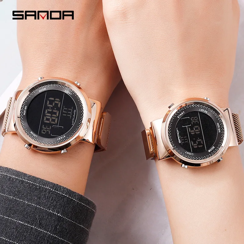 

Fashion Rose Gold Women Men Magnetic Digital Watches Luxury Stainless Steel LED Electronic Wristwatches Waterproof Sports Clock