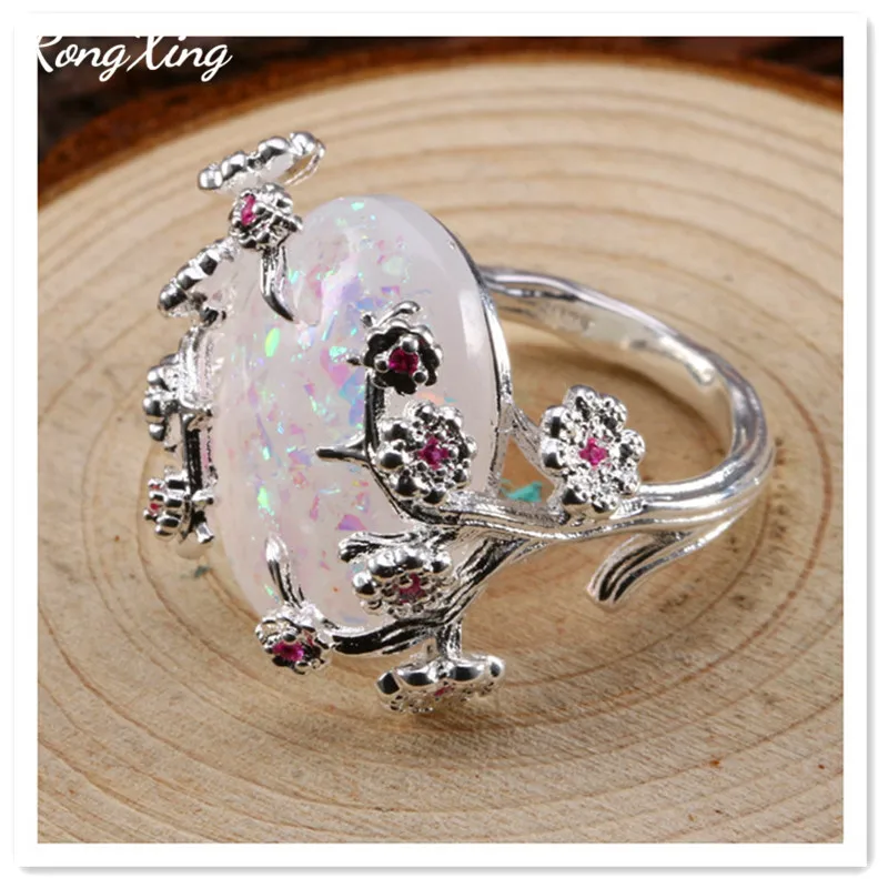 RongXing креативные кольца с большим камнем, цветком сливы, белым огненным опалом для женщин, Позолоченные Красные циркониевые обручальные кольца, ювелирные изделия