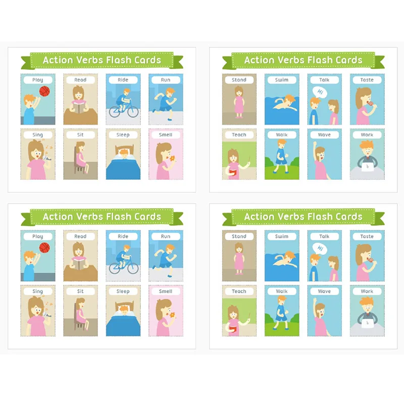 4pcs Set English Action Verbs Word Cards A4 Flash Card Preschool