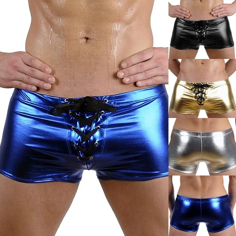 Mens Sexy Faux Leather Shiny Boxers Exotic Underwear Gay Male Latex