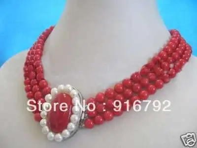 

free shipping *******Charming! 3 row 7-8MM Red Sea Coral Beads Necklace