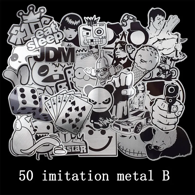 

50 pcs/pack graffiti sticker no repeat 50 imitation metal music trend waterproof car skateboard trolley case sticker