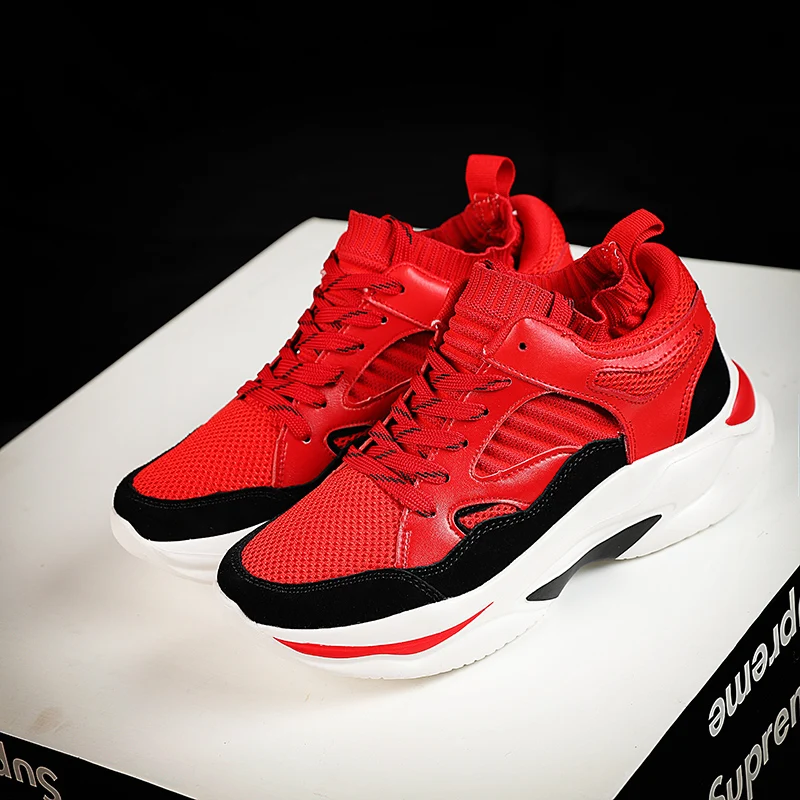 Thick Soled Athletic Running Male Shoes Red Balck Mens Trainers Sports Sock Jogging Sneakers for Men Hard-Wearing Gym Men Shoes