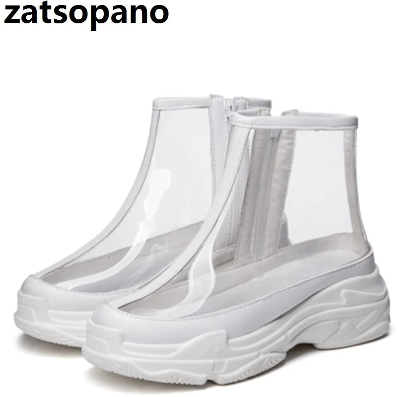 

New Style Knitting Sock Boots Woman 2019 Thick Bottom Transparent Stretch Boots Flat Red Novelty Popular Mid-Boots Plus Size 46