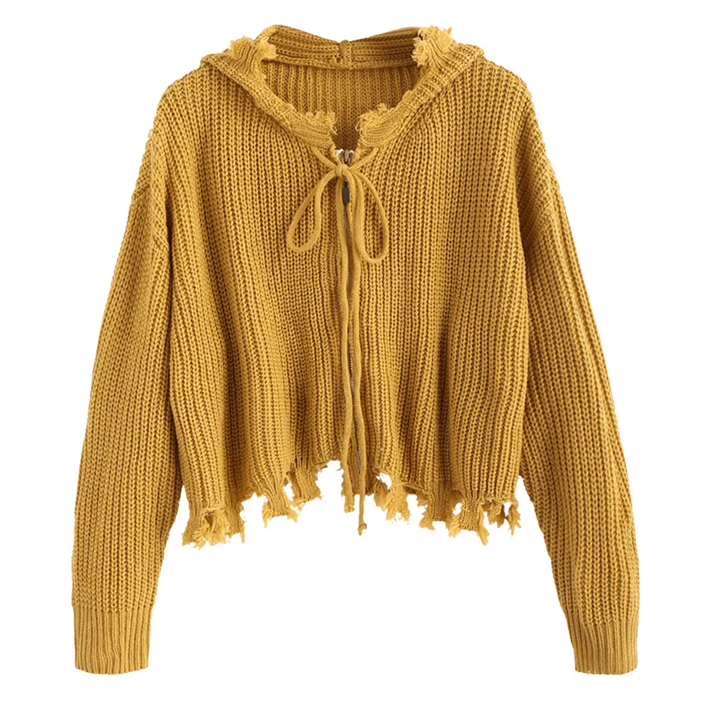 ZAFUL Frayed Hem Zipper Sweater Hooded Short Cardigan-in