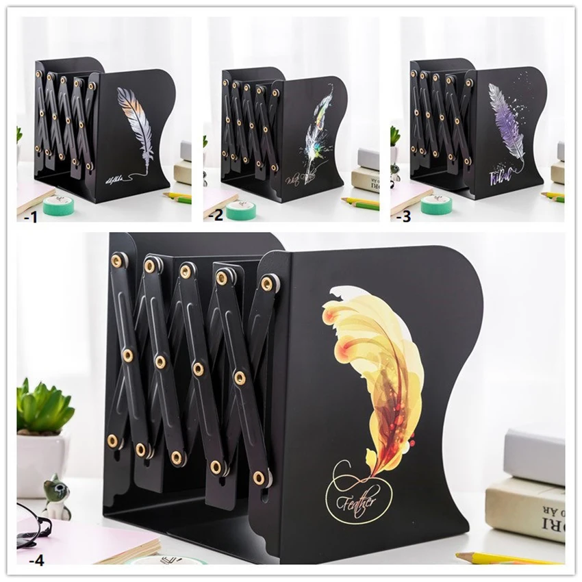 Creative Colorful Feather Adjustable Stretch Bookends Heavy Metal Student Desktop Book Stand Book Organizer Stand 135*120*190mm