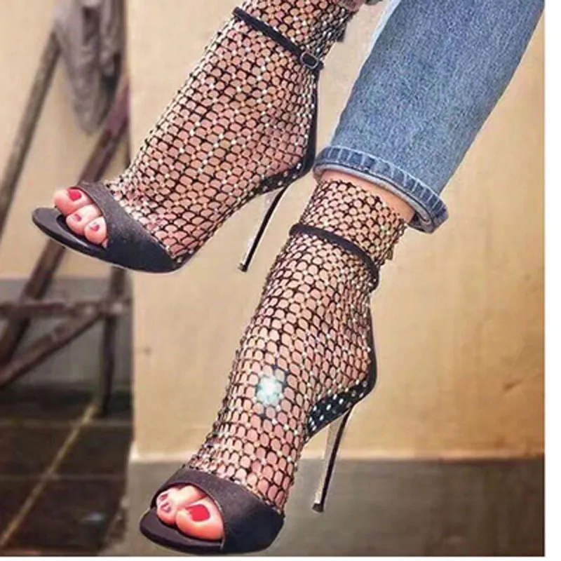 Tobillo Botas Imitación Diamantes Tacones 9 Espárragos Cristal Malla De Bling Mujer Trenzado black Altos azul Sandalias Red Verano Fiesta Cm Zapatos Silver Bottines Yz7X8