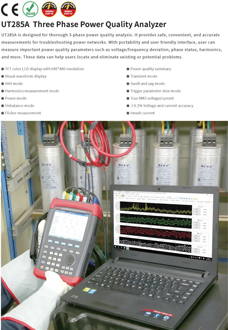 UNI-T UT285A Трехфазный Анализатор Качества мощности; напряжение/ток/частота, гармоник, пусковой аппарат, мощность и энергия тесты