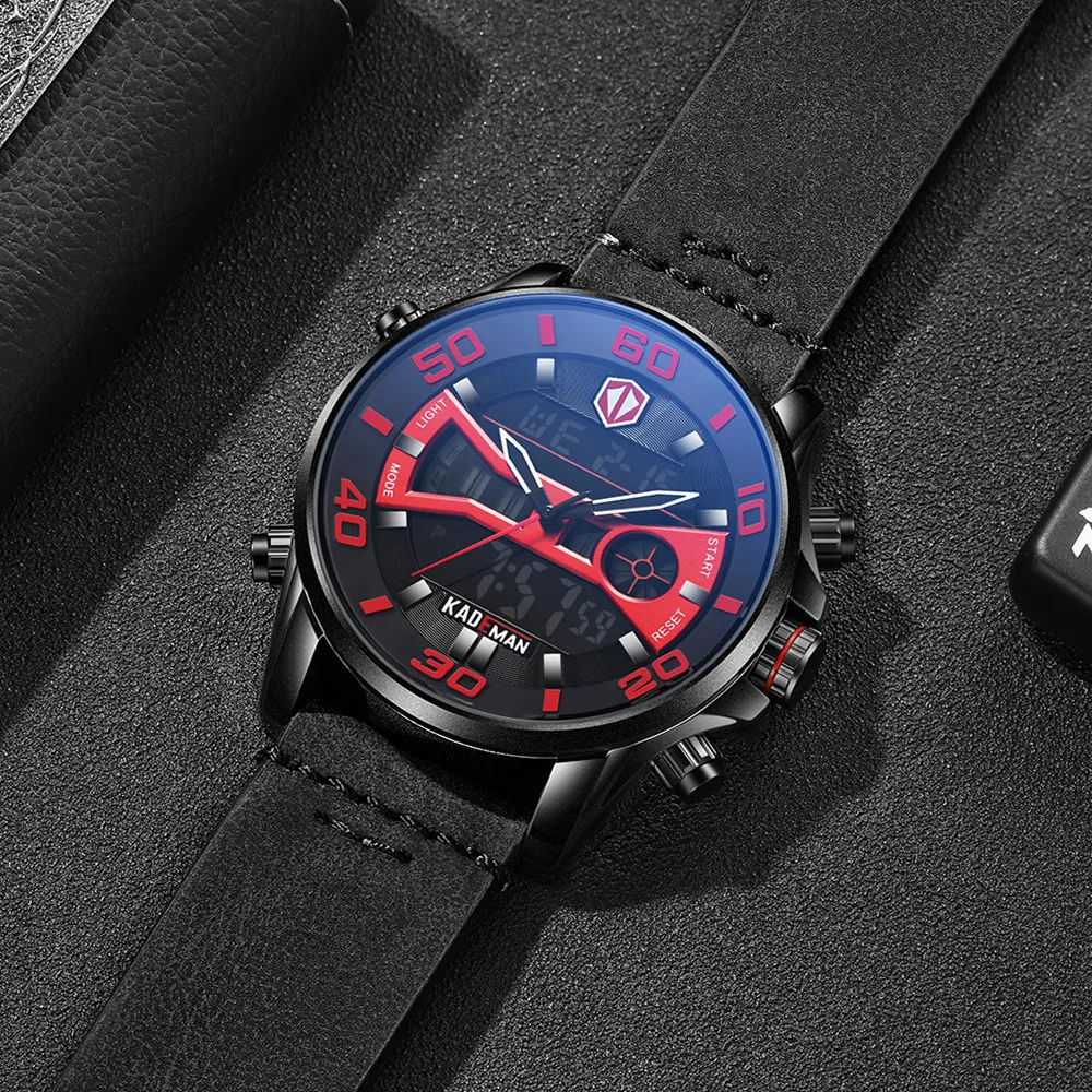 Goede KADEMAN 2019 Mannelijke Horloge Militaire Sport Quartz Horloges Waterdicht Datum Dual Display Horloge Leer Klok Relogio Masculino