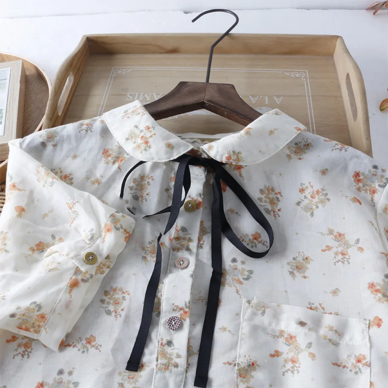 

Literary country floral print peter pan collar short sleeve doll shirt blouse female 2019 summer