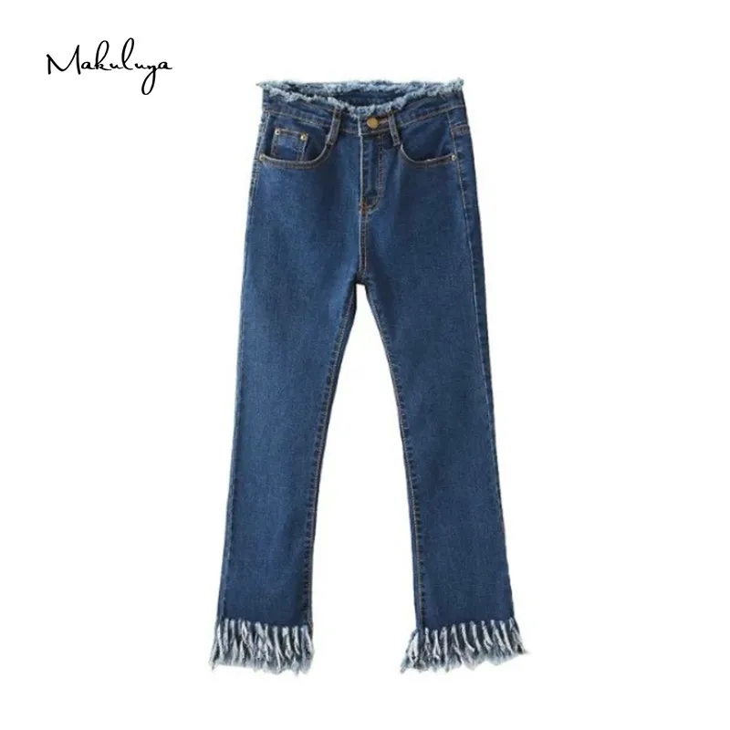 Women High Waist Tassel Wide Leg Jeans Casual Loose Wide