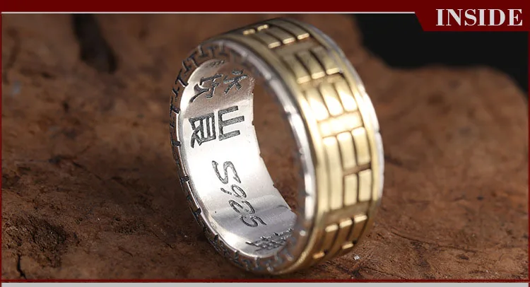 Настоящее 925 пробы Серебряное кольцо с гравировкой TaiChi широкое мужское ювелирное изделие хорошее винтажное Писание большая мода вращающийся GR99