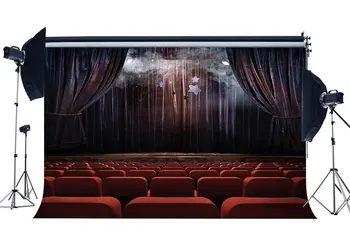 

Luxurious Cinema Backdrop Grunge Curtain Backdrops Stage Lights Shabby Wood Floor Red Chairs Background