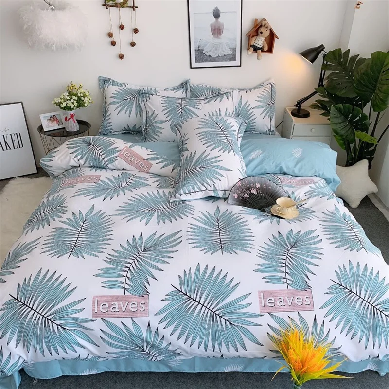 Bed Linen Queen Size 4 Pcs Cotton Bedding Set Duvet Cover Pillowcases Flat Bed Sheet Flamingo Leaf Soft Skin feel Bed Sets