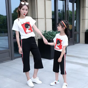

Family Clothing Suit Sets Mommy and Me Mother Mom and Daughter Clothes Funny T Shirt + Striped PantsTrousers Two Pieces Suit