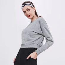 Женская толстовка с длинным рукавом, укороченный топ, тонкая открытая Беговая одежда с круглым вырезом, Свободный пуловер, осенняя Спортивная одежда для йоги