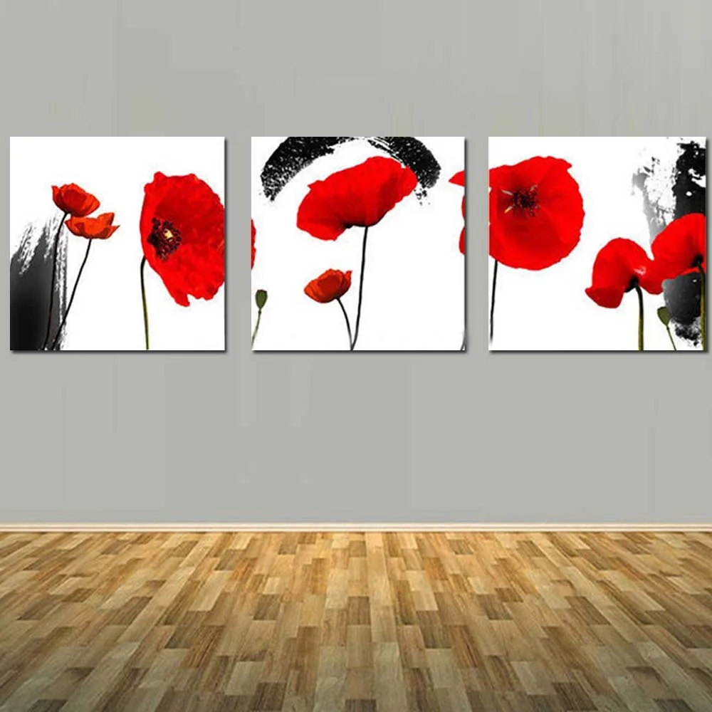 Handmade Modern Abstract Three Panels Red Flower Canvas Art Oil