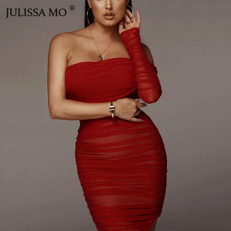 

JULISSA MO Ruched Mesh Split Bodycon Dress Women Summer Off Shoulder Long Dress 2019 Backless Pleated Party Dresses Vestidos
