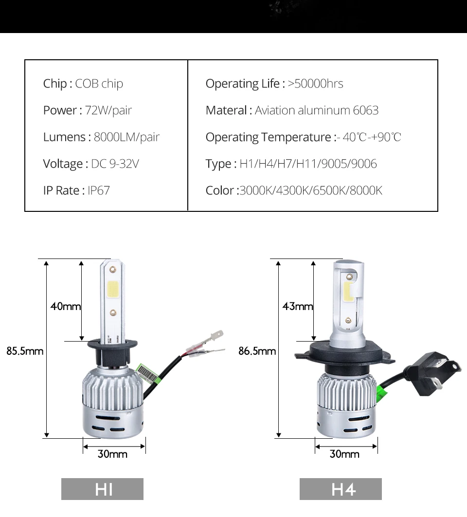 2x 4300K 3000K LED Fog Lamp LED H7 Car Bulb led 6500K 8000K H1 H11 HB3 9006 HB4 9005 12V 24V 8000LM 72W neblineros led para auto (11)