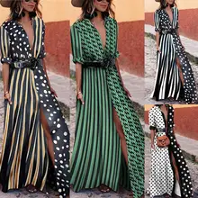 Женское летнее платье в горошек в стиле бохо с v-образным вырезом, модное вечернее платье с рукавом до локтя, Пляжное длинное платье макси с поясом