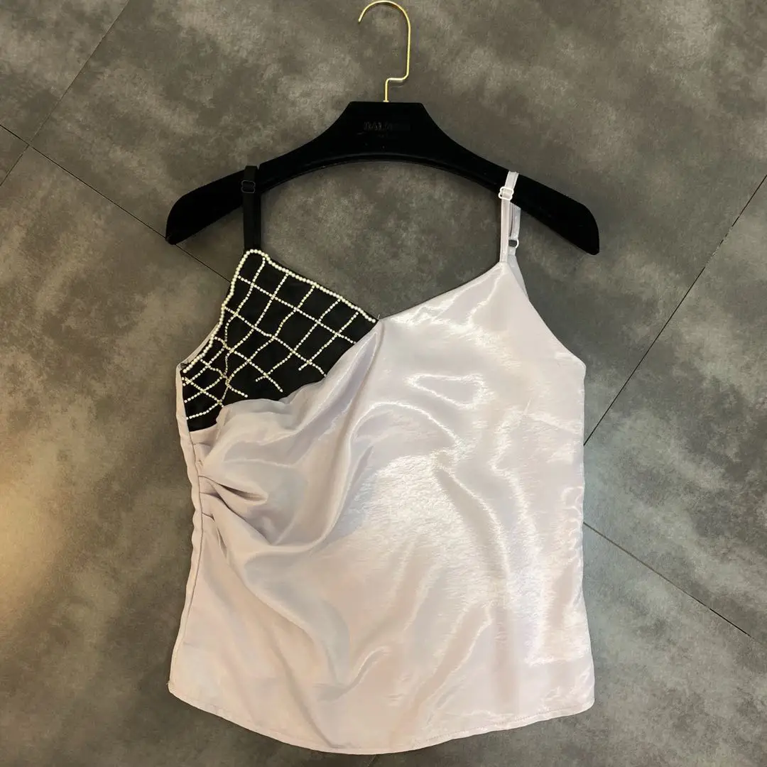 

2019 summer new beaded diamond plaid V-neck small woman sexy vest sling