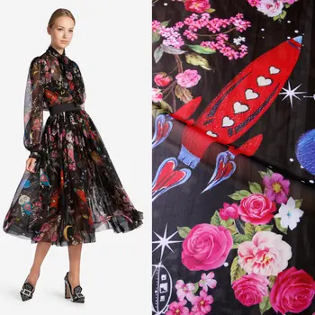 

100X145cm Fashion Week Runway Galaxy Spacecraft Robots Rockets Flowers Chiffon Fabric Woman Summer Dress Long Beach Dress