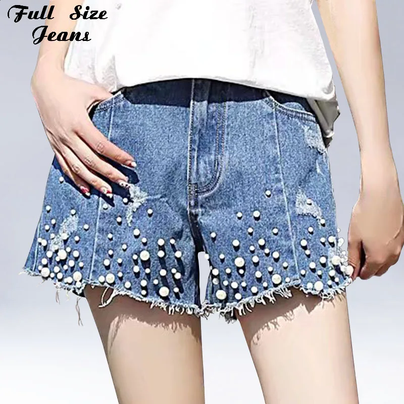 Plus Size Pearl Beading Tassel Fringe Short Jeans 3XL 4XL 5XL Casual Womens Denim Shorts Summer